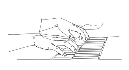 Continuous line drawing of hands playing piano keys, minimalist art, elegant music concept © Ipung