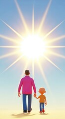 Fototapeta premium Father and child walking towards bright sun.