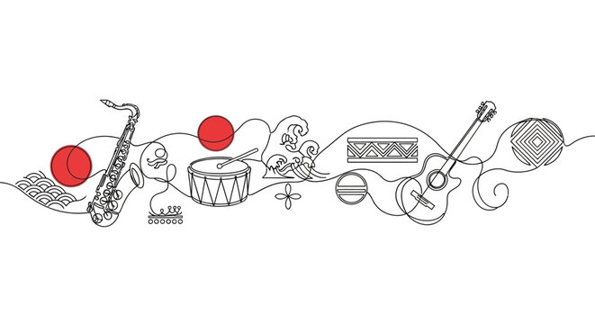 Musical Instruments Art: Saxophone, Drum, Guitar, Abstract Lines, Red Circles