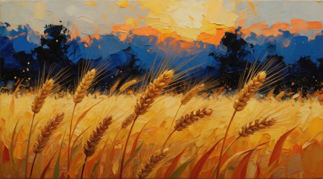Golden wheat stalks sway in abstract painted field. Warm colors evoke harvest mood. Blue and orange sky adds dramatic touch to rural landscape.