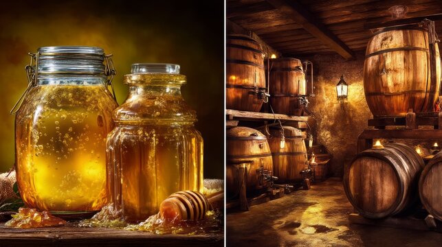 Artisanal Mead Production with Honey in Rustic Brewery Setting Perfect for Traditional Fermentation
