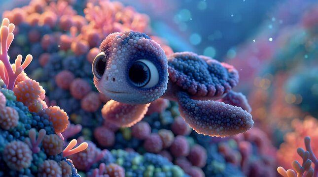 Cute animated kura-kura swimming through a vibrant coral reef