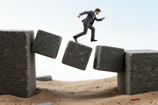 Man in suit jumps over gap between stone blocks. Businessman navigates tricky path, avoiding obstacles on sandy ground. Career progress and risk management concept.