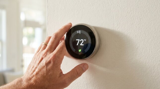 Smart home thermostat adjusting temperature on wall energy efficient heating and cooling system
