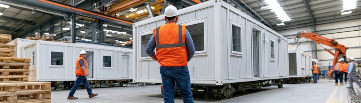 Construction workers overseeing modular units inside factory warehouse