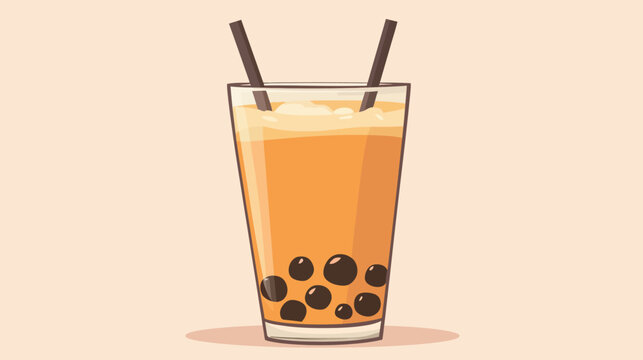 A cartoon illustration of a tall glass of bubble tea with two straws. The background is a beige