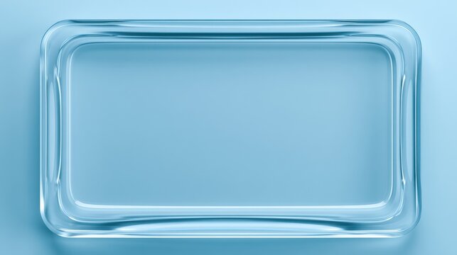 Clear rectangular tray on blue backdrop, smooth rounded edges with crisp reflections and glossy finish, ideal for skincare and tech mockups, cool tones, highkey studio lighting creates clean modern
