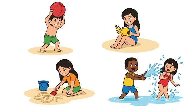 Diverse children playing various summer activities together on the sandy beach during vacation