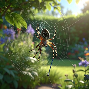 Golden orb weaver spider on web in garden.