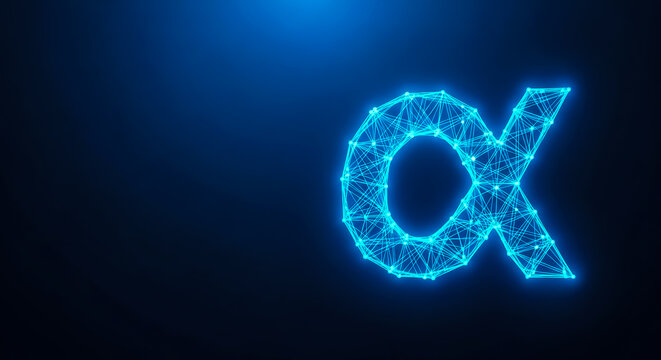 A glowing neon blue alpha symbol with a polygonal wireframe design stands out against a dark background.