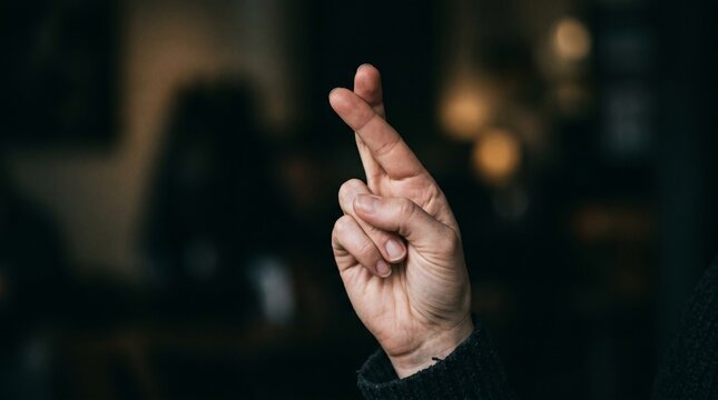 A close-up shot of fingers crossed, an iconic gesture conveying strong hope, good luck, and a silent wish for positive outcomes and success in life