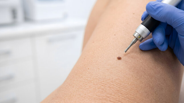 Doctor removing mole from skin using laser device in dermatology clinic