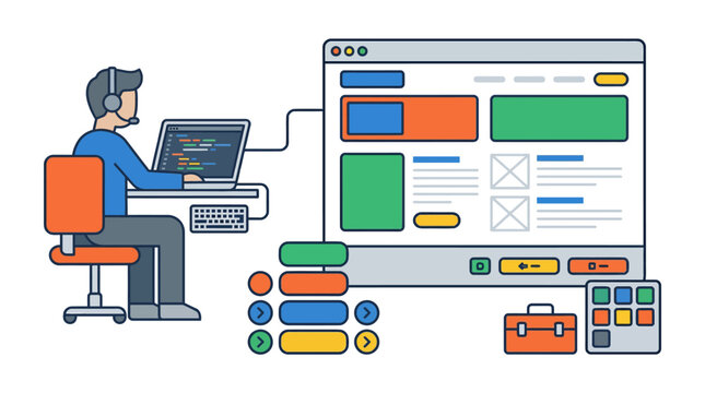 Web developer working on a website interface design and coding on a laptop, illustrating programming and digital creation.