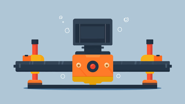 A geometric illustration of a technological device with a central screen and various attachments