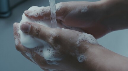 Fototapeta premium Person washes hands with soap and water under faucet. Bubbles form as liquid cleans skin. Hand hygiene is essential for preventing germ spread and maintaining health.