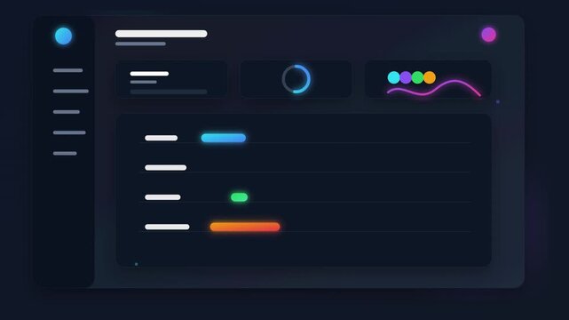 Dark mode project management dashboard animation video, futuristic desktop UI UX business screen transitions, neon Gantt chart timeline scheduling looping stock footage