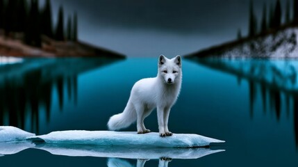 Fototapeta premium Majestic Arctic Fox Standing on Floating Ice in a Frozen Landscape Surrounded by Calm Waters and Trees