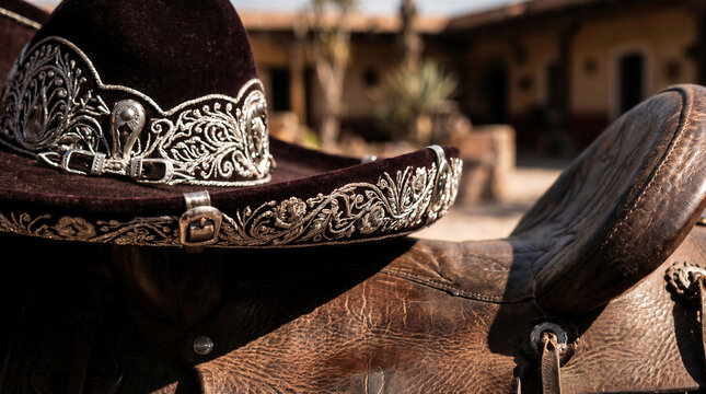 A traditional Mexican charro hat adorned with silver thread embroidery, placed on a vintage leather saddle