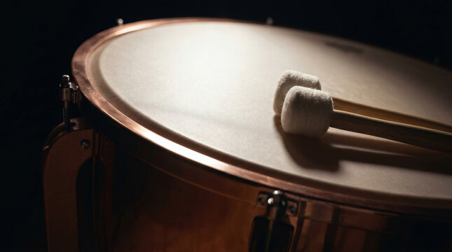 Close up of orchestral timpani drum with mallets on professional percussion instrument on dark background.