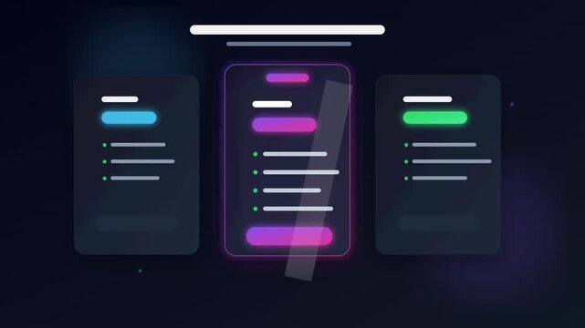 Dark mode pricing table comparison animation loop, futuristic website subscription UI UX screen transitions, neon business plan options tariff boxes stock video