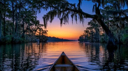 Fototapeta premium Serene Wooden Canoe Drifting Through Mystical Swamp at Sunset with Reflections and Tranquil Atmosphere
