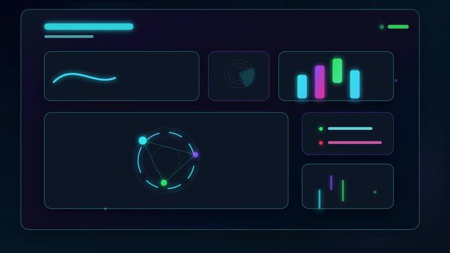 Neon dark mode web application network monitoring screen animation loop, digital interface sonar data transition design, user dashboard panel system mockup stock video clip