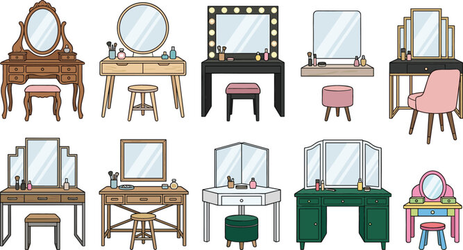 Vanity table and makeup mirror vector collection featuring dressing tables, beauty stations, cosmetic organizers and elegant bedroom furniture