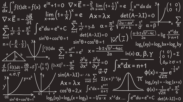 Mathematical equations and formulas on blackboard.