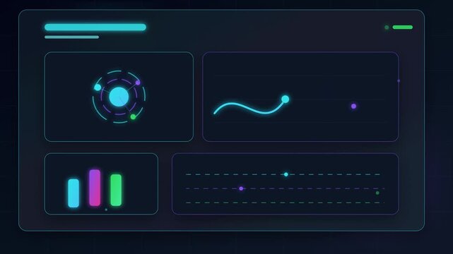 Futuristic website data visualization tutorial loop, corporate digital marketing dashboard mockup animation, modern dark screen scifi layout template, neon vector footage