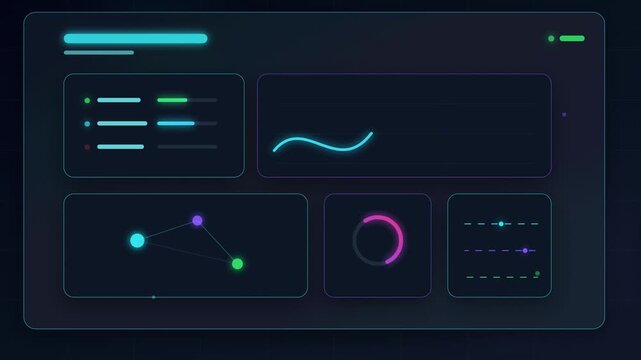 Dark mode technology dashboard animation video, futuristic desktop UI UX data system screen transitions, neon network analytics scifi telemetry looping stock footage