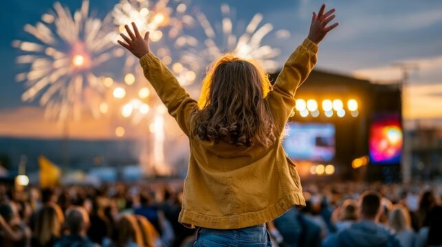 Child with Raised Hands Enjoying Colorful Fireworks Over Outdoor Concert at Dusk Celebrating Joyful Moment