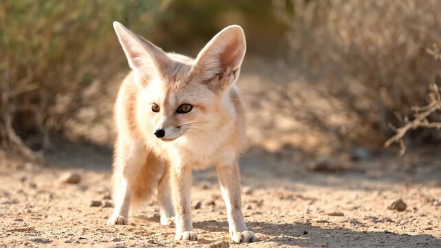 Big-eared fox in the desert, fennec fox in the desert