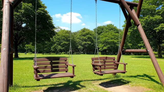 Park grass double wooden swing, park wooden swing summer scene