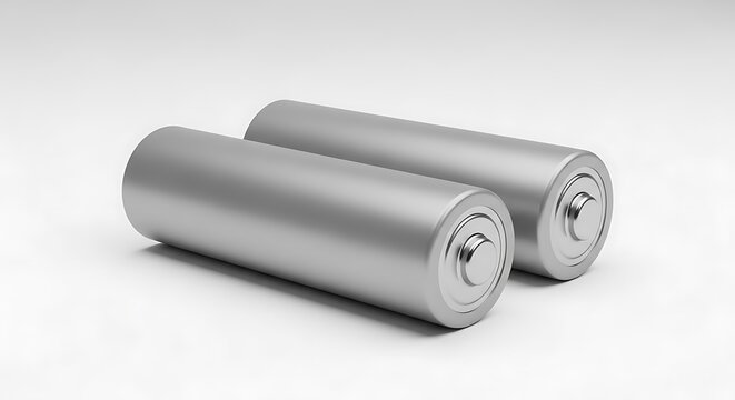 Two blank silver 2 aa batteries lying parallel on a clean white surface representing portable energy and battery power technology.