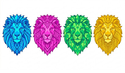 Geometric neon lion head ornament vector set for modern branding and apparel © MDMinarul