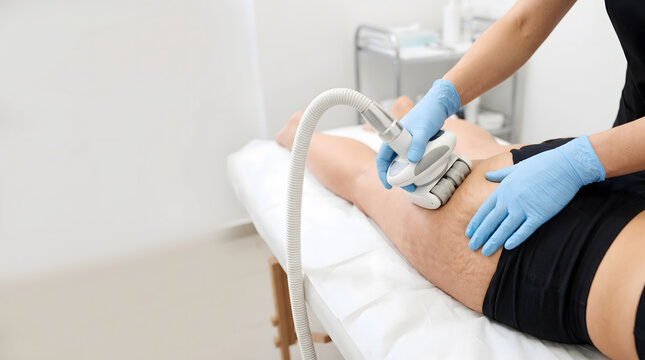 Therapist using radiofrequency device on patient leg for cellulite reduction treatment