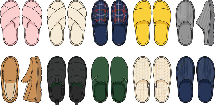 House slippers and casual footwear vector collection featuring indoor slippers, moccasins, loafers and comfortable home shoes in flat style