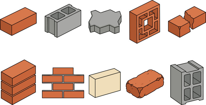 Construction Brick and Concrete Block Collection Featuring Clay Bricks Cinder Blocks Pavers Breeze Blocks and Masonry Materials Vector Set