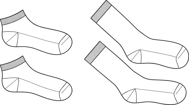 Socks vector template bundle featuring ankle and crew length technical flat fashion sketch layouts in black and white outlines