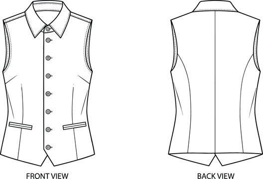 Tailored vest waistcoat vector template featuring a button down front with shirt collar and welt pockets showing front and back views