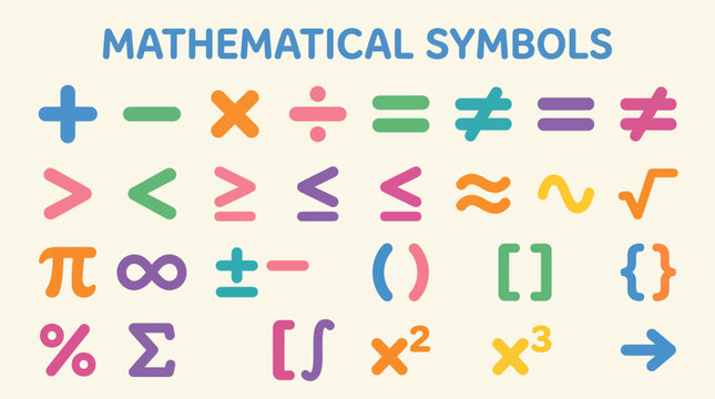 Collection of colorful mathematical symbols.