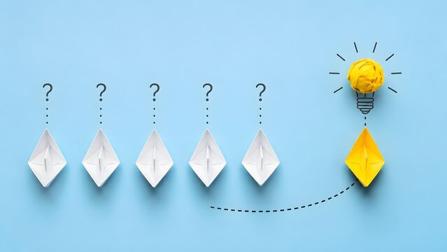 Innovative business direction concept yellow paper boat with crumpled lightbulb leading away from white boats with question marks