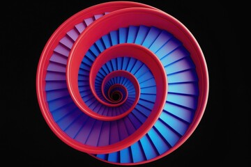 Fototapeta premium Red and blue 3d render spiral staircase going down into darkness. Infinite stairs with circular pattern. Abstract visual background for design projects.