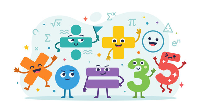 Colorful cartoon math symbols characters.