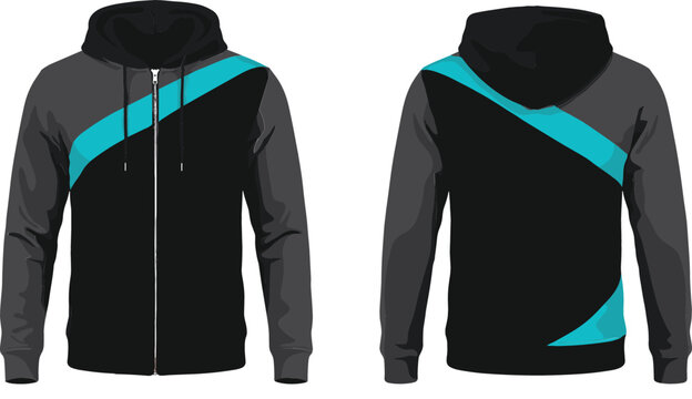 Black and grey zip up hoodie vector template with turquoise blue diagonal geometric panel stripes showing front and back views