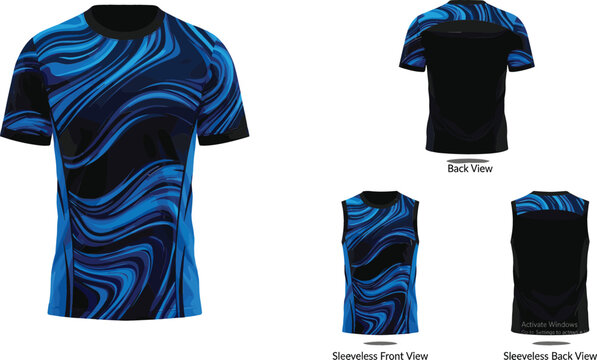 Blue and black sports t shirt and sleeveless jersey vector template bundle featuring an abstract liquid marble swirl pattern layout design