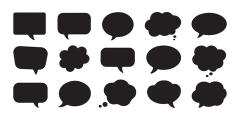 Collection of black speech bubble silhouettes in various shapes for comic book dialogue and chat interaction.