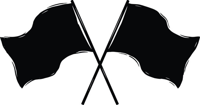 Two black flags crossed, with rough brushstroke edges, on a white background