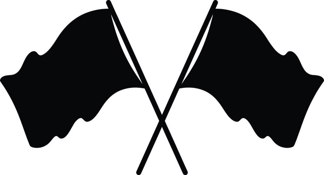 Two black flags, crossed, waving on poles, isolated on white background, crossed flags waving flag