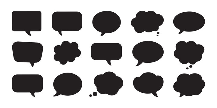 Collection of black speech bubble silhouettes in various shapes for comic book dialogue and chat interaction.